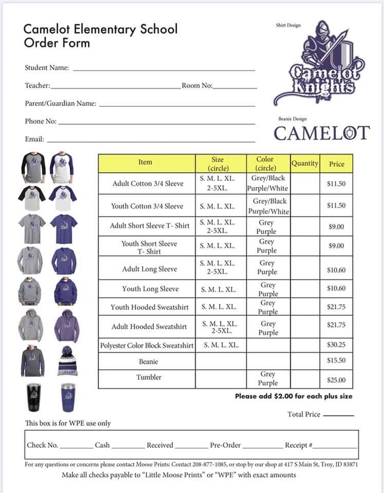Camelot Apparel Order Forms – Camelot Elementary School